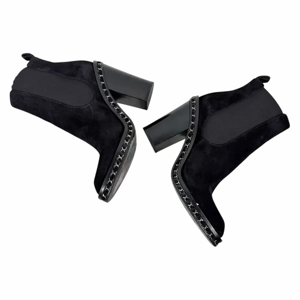 Chanel Interlocking CC Logo Heel Chain Suede Ankle Boots Black Size 40